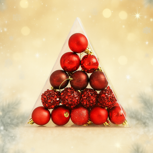 Piros Karácsonyi Gömb Szett – 15 db (5 cm), Fenyőfa Dobozban
