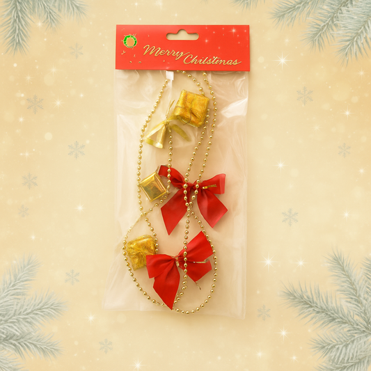 Arany–Piros Karácsonyi Függődísz Szett – Harangok + Masnik + Gyöngylánc (1 csomag)